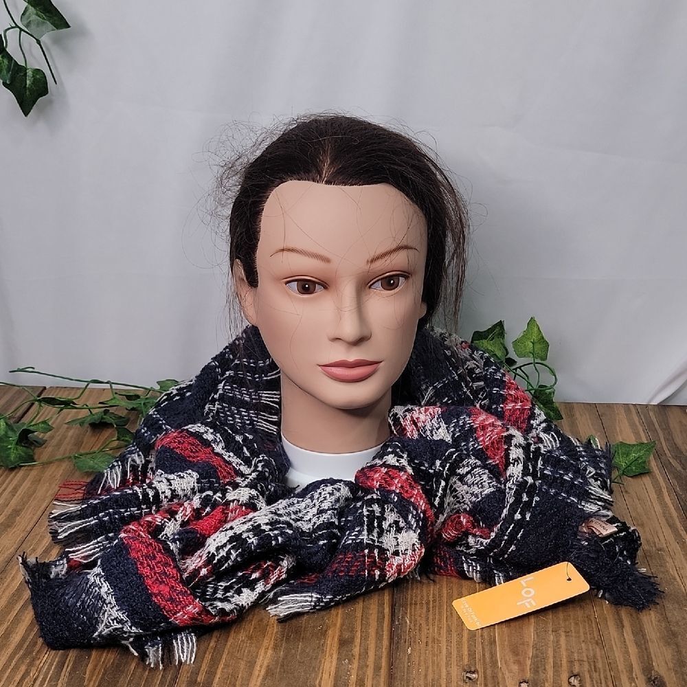 LOF. Stylish Eternity Plaid Scarf in Red, Black, and White. NWT